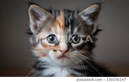 Extreme close up of a forlorn calico kitten face with large green eyes and a tear 130156147