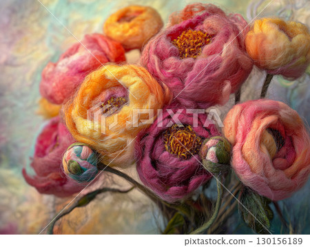 Elegant Arrangement of Pink Flowers in a Glass Vase with Ethereal Background 130156189
