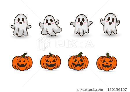 Smiling jack-o-lanterns and ghosts set Smiling jack-o-lanterns and ghosts set 130156197