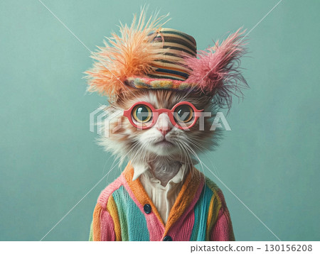 Stylish Cat in Colorful Outfit Wearing Glasses and Trendy Hat Stylish Cat in Colorful Outfit Wearing Glasses and Trendy Hat 130156208