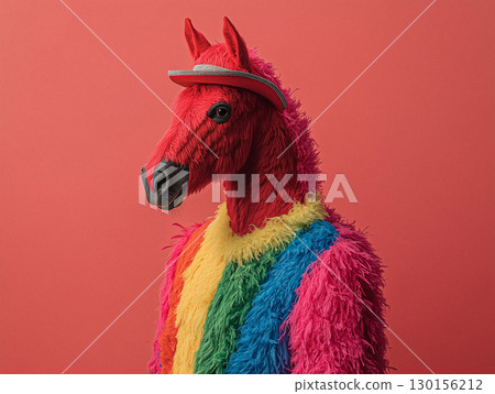 Colorful Horse in Stylish Rainbow Outfit and Sunglasses on Pink Background Colorful Horse in Stylish Rainbow Outfit and Sunglasses on Pink Background 130156212