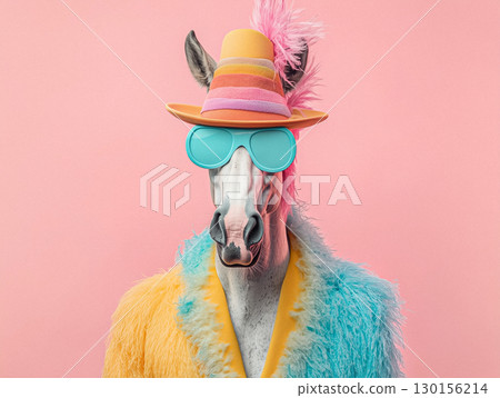 Creative Portrait of a Pink and Rainbow Clad Horse on Soft Background Creative Portrait of a Pink and Rainbow Clad Horse on Soft Background 130156214
