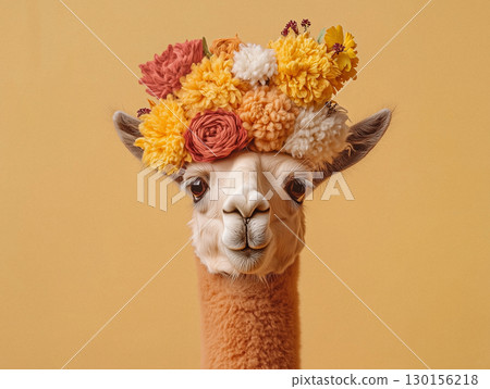 Llama Wearing a Colorful Flower Crown in a Studio on a studio Background Llama Wearing a Colorful Flower Crown in a Studio on a studio Background 130156218