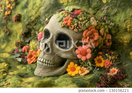 Human Skull Decorated with Colorful Flowers in a Romantic Rustic Setting 130156221
