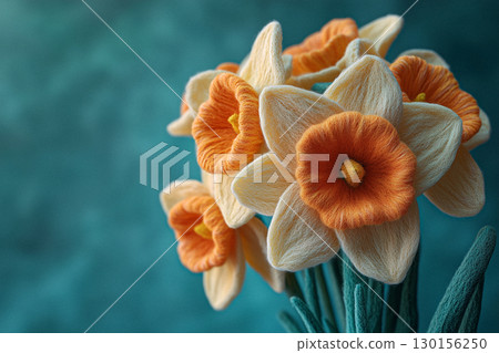 Handcrafted Yarn Daffodils on a Soft Neutral Background in Close-Up 130156250