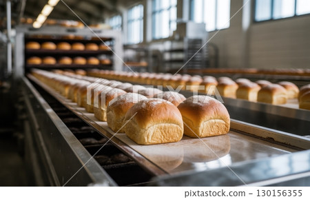 Freshly baked golden bread rolls moving on a conveyor belt in a modern industrial bakery Freshly baked golden bread rolls moving on a conveyor belt in a modern industrial bakery 130156355