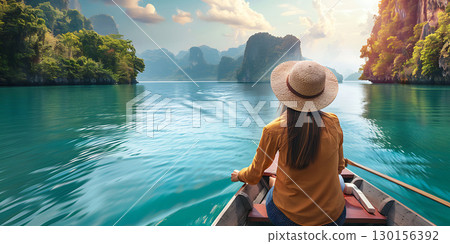 Woman tourist in hat on the boat at lake background, World Tourism Day - Ai Generated 130156392