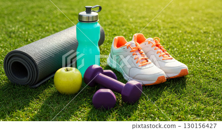 Fitness equipment including a yoga mat, water bottle, apple, dumbbells, and sneakers on green grass in sunlight. 130156427