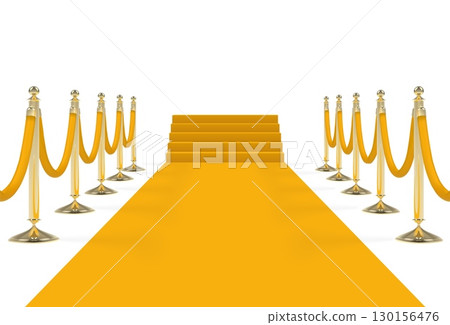 Orange yellow carpet on stairs with ropes on golden stanchions 130156476