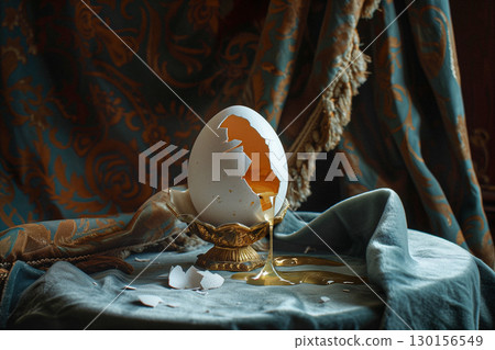 Artistic Composition Featuring Cracked Egg and Magnolia Flowers on Velvet Artistic Composition Featuring Cracked Egg and Magnolia Flowers on Velvet 130156549