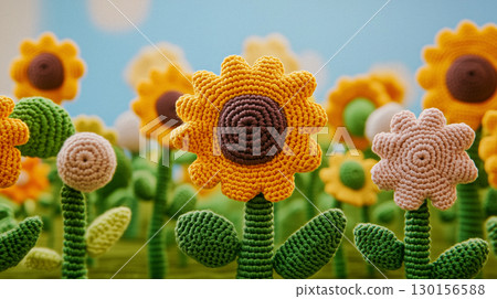 Colorful Crocheted Sunflowers in a Vibrant Garden Setting 130156588