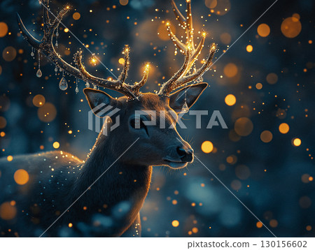 A mystical, AI-generated image of an enchanted deer with glowing antlers adorned with delicate, jewel-like droplets 130156602