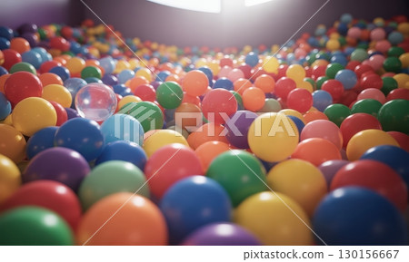 Vibrant colorful plastic balls filling a playful ball pit with a single transparent sphere 130156667