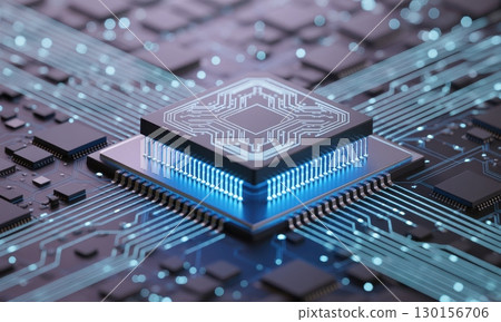 Futuristic microchip on a circuit board with glowing blue connections representing advanced technology 130156706