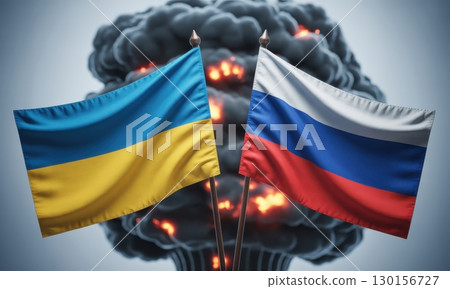 Ukrainian and russian flags waving against a destructive explosion background 130156727