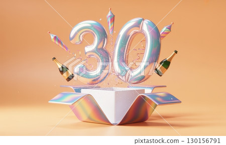 Shiny holographic number 30 emerging from an open gift box with festive party elements 130156791