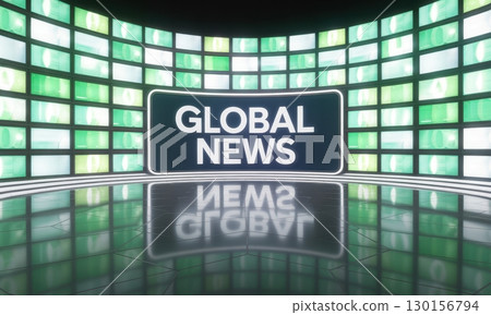 Modern virtual global news studio with video wall and reflective floor 130156794