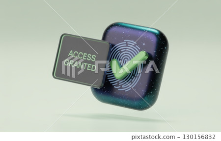 Biometric fingerprint scanner icon with green checkmark and access granted notification 130156832