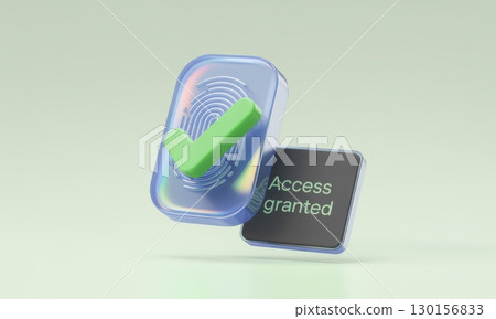 Biometric fingerprint scanner icon with green checkmark and access granted message for secure authentication 130156833