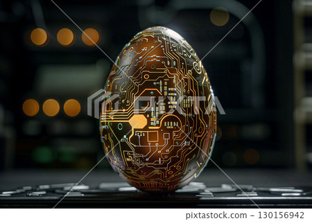 Close-Up Of A Cracked Egg Revealing Embedded Technology and Circuitry 130156942