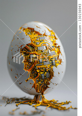 Close-Up Of A Cracked Egg Revealing Embedded Technology and Circuitry 130156943