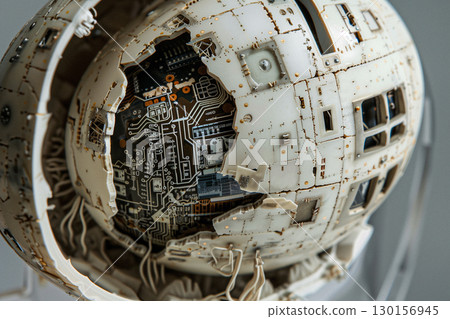 Close-Up Of A Cracked Egg Revealing Embedded Technology and Circuitry 130156945