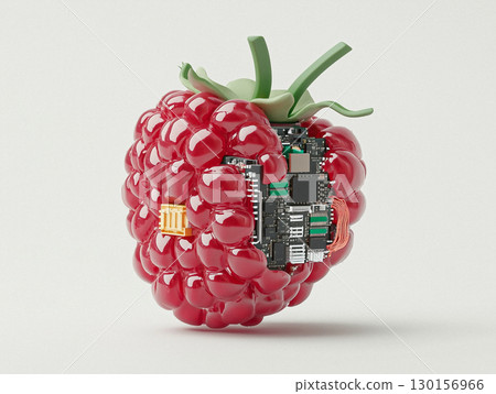 Red Raspberry With Embedded Circuit Board Representing Technology and Nature Fusion 130156966