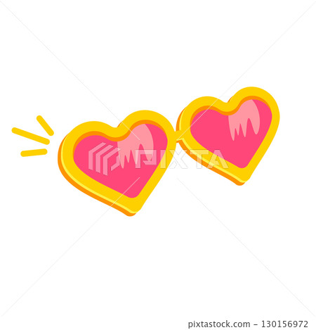 Yellow heart shape sunglasses with pink lens isolated on white background. Cartoon funny kids summer heart sunglasses icon, label and sign. Sunglasses vector graphic illustration 130156972