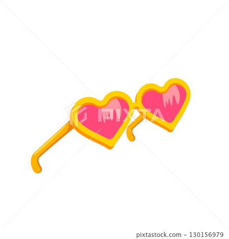 Yellow heart shape sunglasses with pink lens isolated on white background. Cartoon funny kids summer heart sunglasses icon, label and sign. Sunglasses vector graphic illustration 130156979