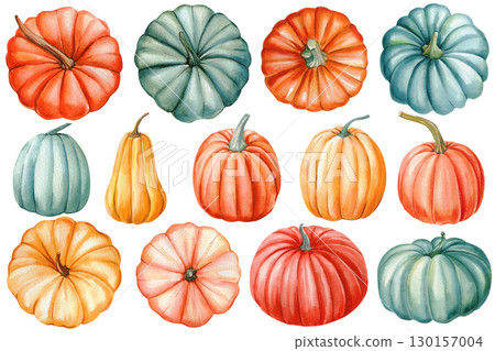 Pumpkins on isolated white background, autumn set, watercolor illustration hand drawn. Pastel pumpkin clipart 130157004