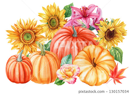 Autumn pumpkins, flowers and leaves painted by hand in watercolor isolated on white background. Autumn Poster Autumn pumpkins, flowers and leaves painted by hand in watercolor isolated on white background. Autumn Poster 130157034