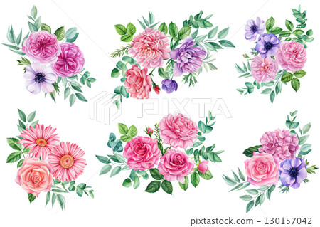 Set of flowers isolated on white background. Hand-drawn in watercolor, Summer bouquet of delicate flowers 130157042