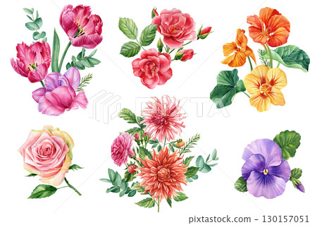 Beautiful flowers set isolated white background. Hand-drawn in watercolor, Vivid bouquet of colorful flowers.  130157051