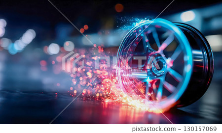 Shiny glowing car wheel with sparks on dark urban street, futuristic automotive concept 130157069