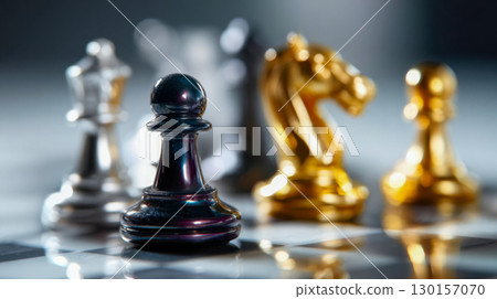 Close-up of elegant chess pieces with black knight and golden king on blurred background 130157070