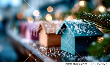 Festive wooden Christmas village houses with snow and fir branches decoration 130157074