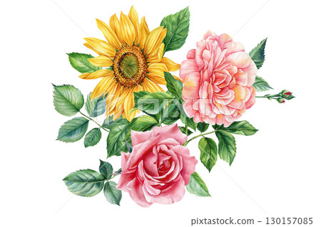 flower and leaf. Set of flowers isolated on white background, watercolor hand drawing, Sunflower and rose flower and leaf. Set of flowers isolated on white background, watercolor hand drawing, Sunflower and rose 130157085