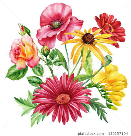 flower and leaf. Set of flowers isolated on white background, watercolor vintage style Gerber, echinacea and flower and leaf. Set of flowers isolated on white background, watercolor vintage style Gerber, echinacea and 130157104