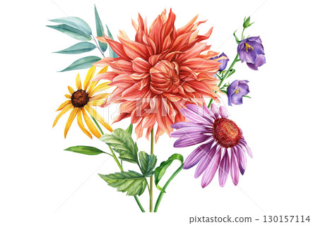 Wildflowers isolated on white background. Bouquet flowers watercolor floral illustrations for invitation, card, design. 130157114