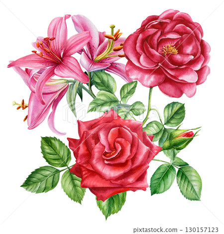 Lily and rose, beautiful Flowers and leaves isolated on white background. Watercolor hand draw flora. Bouquet flowers 130157123