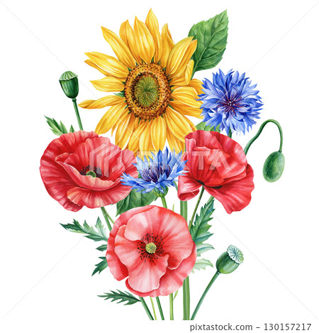 Wildflowers isolated on white background. Bouquet flowers sunflower, poppy and cornflower. Watercolor floral. Wildflowers isolated on white background. Bouquet flowers sunflower, poppy and cornflower. Watercolor floral. 130157217