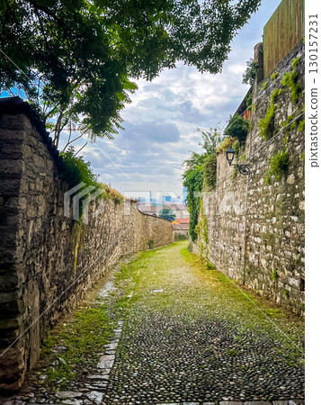 Picturesque narrow cobblestone alleyway winding through city of Brescia, Italy 130157231
