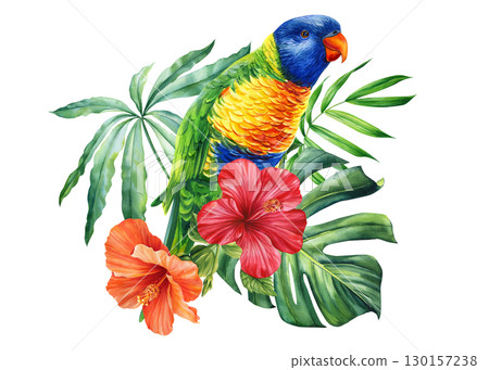 Beautiful tropical bird. Colorful parrot, flowers and leaf in isolated background. Watercolor illustration hand drawing 130157238