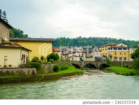 Cityscape with river and village of Sabbio Chiese, Brescia, Italy Cityscape with river and village of Sabbio Chiese, Brescia, Italy 130157259