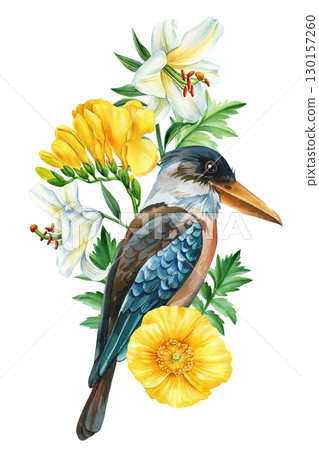 Australian bird and flower, kookaburra isolated white background. Watercolor hand drawn painting. Poster Australian bird and flower, kookaburra isolated white background. Watercolor hand drawn painting. Poster 130157260