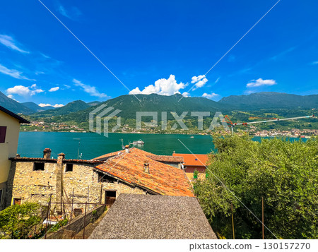 Stunning panoramic view of Carzano with Iseo lake and surrounding mountains Stunning panoramic view of Carzano with Iseo lake and surrounding mountains 130157270