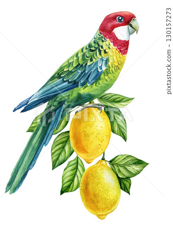 Tropical birdon a branch with fruits on white background. Watercolor hand drawn illustration, parrot and lemon 130157273