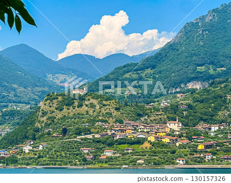The village of Marone on lake Iseo in Italy, View from Monte Isola, Lombardy 130157326