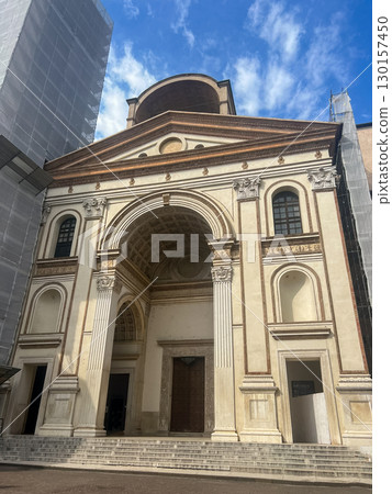 Sant Andrea Church Facade with Entrance, Columns and Sculptures, Mantova, Italy Sant Andrea Church Facade with Entrance, Columns and Sculptures, Mantova, Italy 130157450