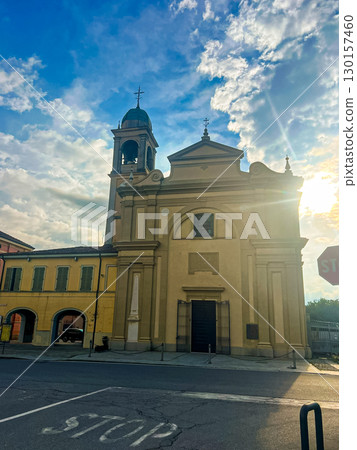 Church Facade with Entrance and Columns, Parish Church of Sant'Ambrogio, Italy Church Facade with Entrance and Columns, Parish Church of Sant'Ambrogio, Italy 130157460